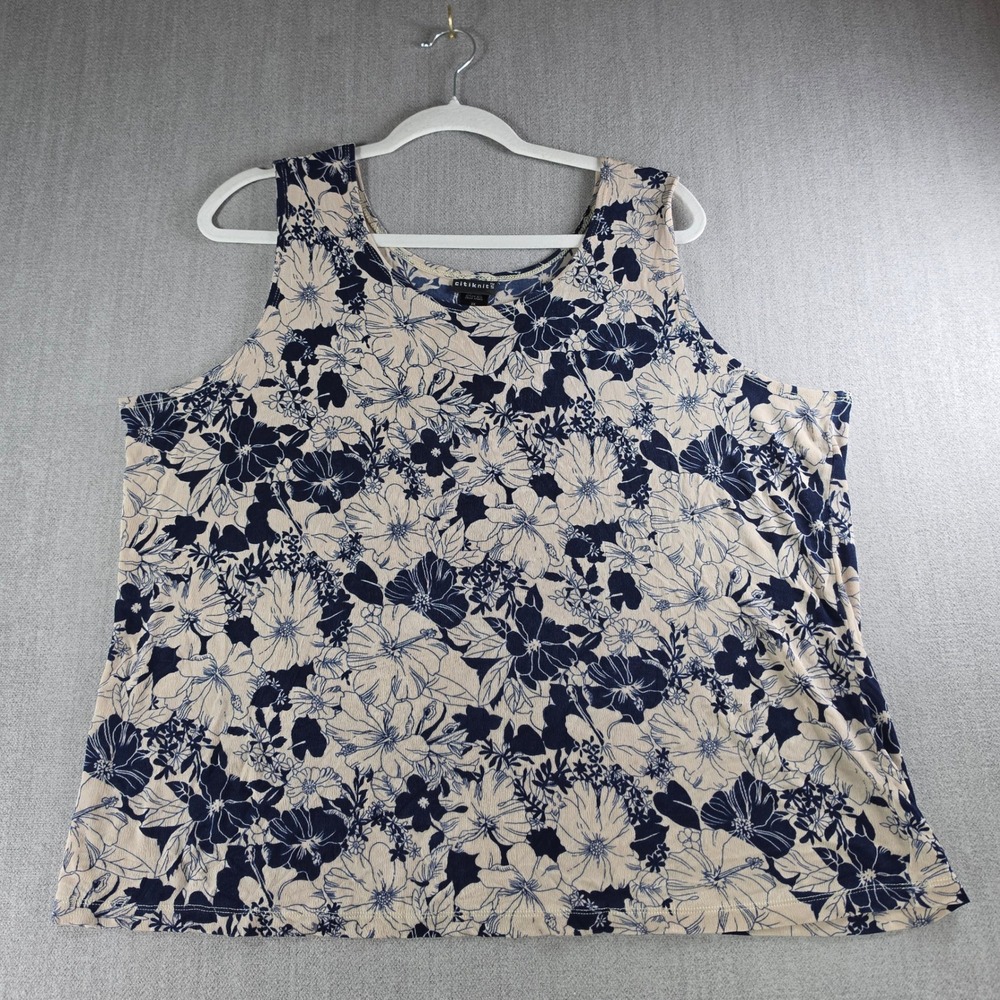 Citiknits Tank Top Women 2X Tan Navy Blue Floral Sleeveless Acetate Blend A79403